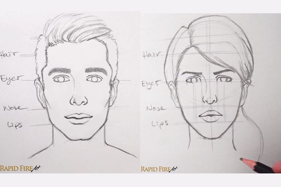 A drawing of a woman's and man's face - a drawing tutorial of RapidFireArt