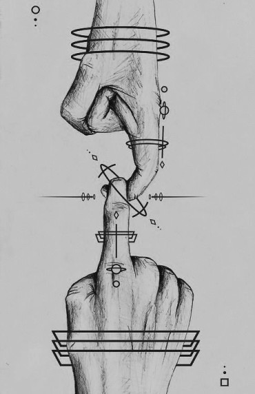 a connected drawing of hands with astrological signs