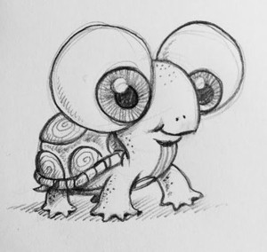 A cute drawing of a turtle with big eyes