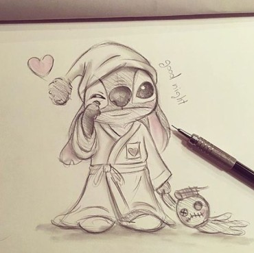 A cute drawing of Stitch saying goodnight