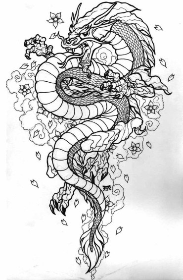 Asian dragon with flowers surrounding him
