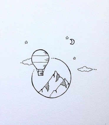 An aesthetic drawing of a hot air balloon in the sky next to mountains, clouds, and stars