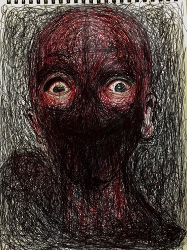 a dark pen drawing of a face where we can only see scared eyes