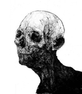  a drawing of a demon skull on top of a person's head