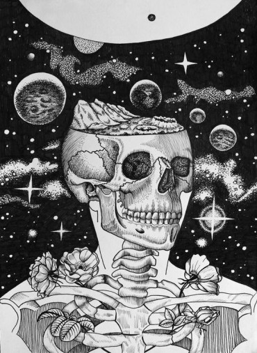 A detailed drawing of a skull in space