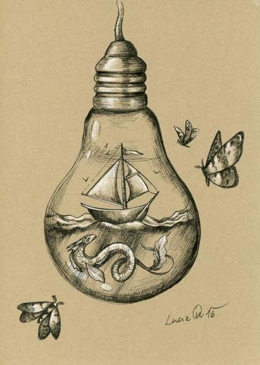 An easy aesthetic light bulb drawing idea of a boat sailing on the sea