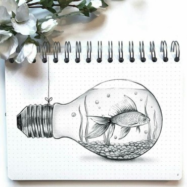 A drawing of a fish inside of an aesthetic light bulb 