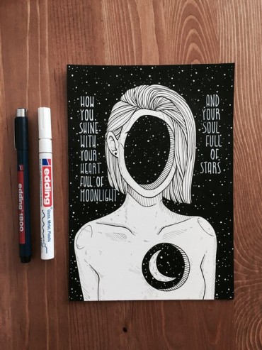 an ink drawing of a girl in space that represent feeling empty, lost, and cold