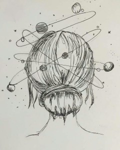girl lost in space with planets floating around her head