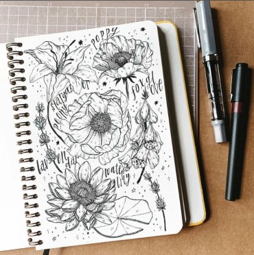 A sketchbook page filled with flower