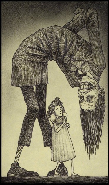 a scary giant giving a creepy smile upside down to a kid - a scary illustration for children