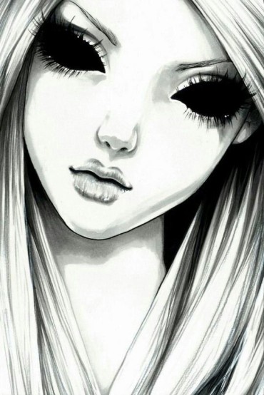 A scary drawing of a girl with black eyes