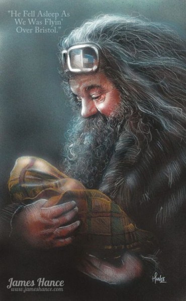 A sentimental and touching drawing of Hagrid and Harry