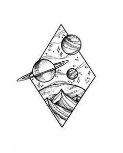 a diamond shape form drawing and inside is another world with planets 