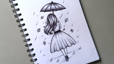 A cute drawing of a girl in a dress holding an umbrella