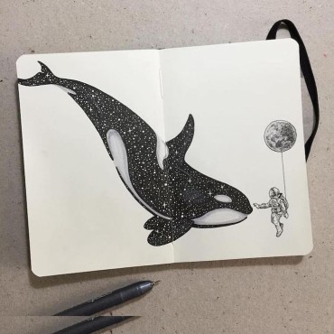 A sketchbook drawing with a whale floating in space with an astronaut holding a balloon of a moon