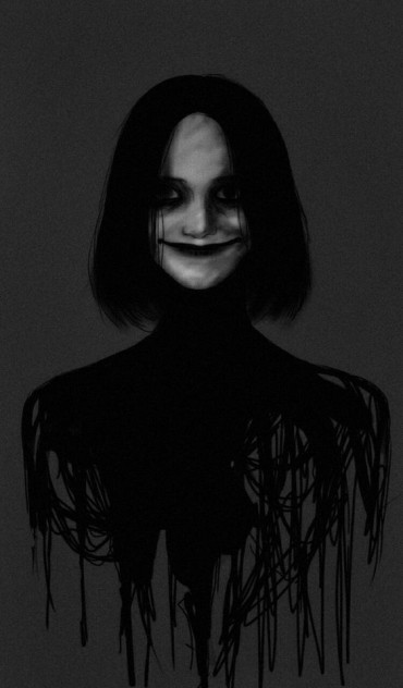 A spooky and scary drawing idea of a man wearing black and smiling with a creepy smile