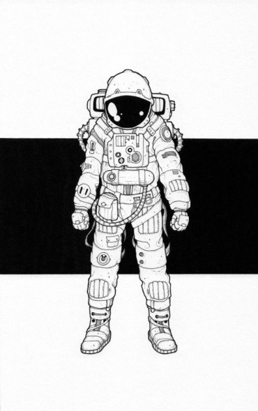 an ink drawing of a strong and solitary astronaut