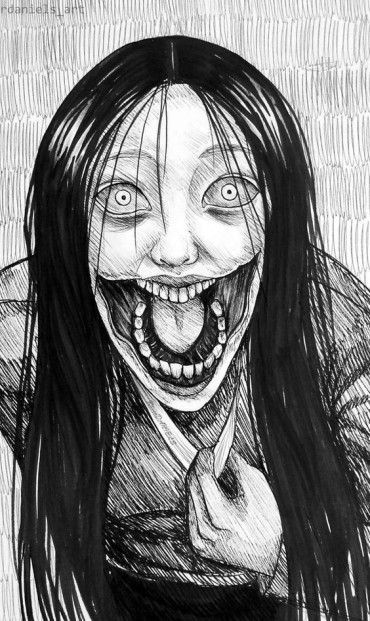 A super creepy drawing of a crazy girl screaming