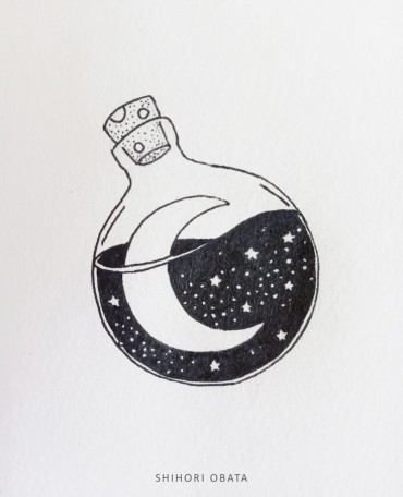 a drawing of a little circling jar with a moon and galaxy inside of it
