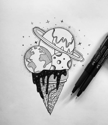 A weird but cool and easy space drawing idea of an ice cream cone with planets instead of ice cream