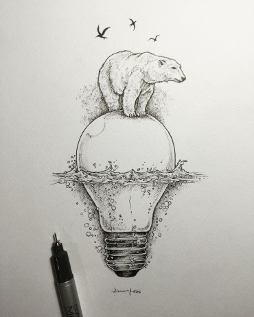 A polar bear on top of a light bulb