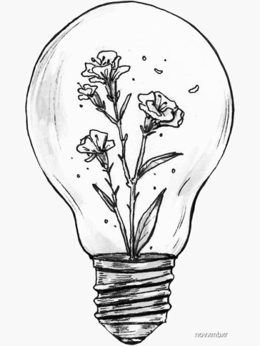 A cute drawing of beautiful flowers inside a light bulb