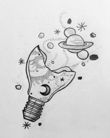 An aesthetic light bulb drawing doodle with planets breaking free