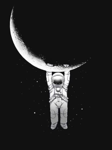 An astronaut holding on to the moon to not fall