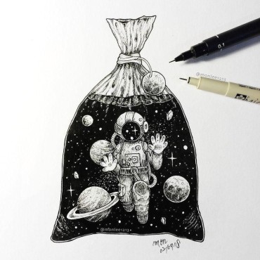 An astronaut trapped in a bag with planets