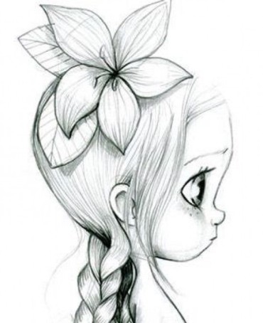 A simple drawing of a little girl looking sad with a flower on her head