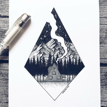 A creative ink drawing of a house in the woods