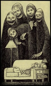 An illustration to scare children with giant monsters near a child sleeping