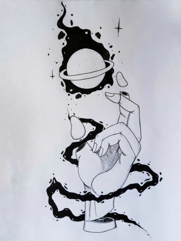 An artistic and cool space drawing with a hand and a planet