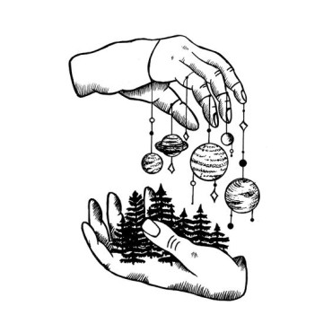 a drawing of two hands ; one holding planets and the other one holding trees that forms a forest