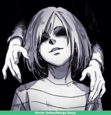 a creepy drawing of a manga girl possessed with black eyes and hands coming from the dark