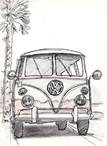 drawing of a Volkswagen bus next to a palm tree