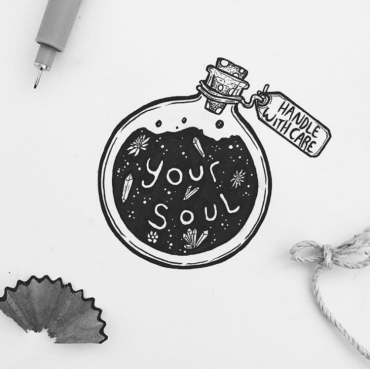 ink drawing of an aesthetic round bottle with the words your soul inside