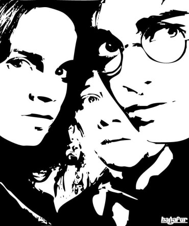 Black and white Hermione, Ron, Harry drawing