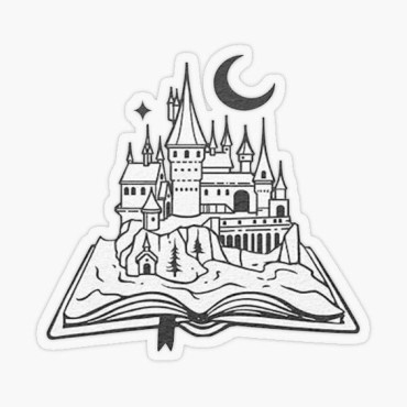 drawing of Hogwarts coming out of a book