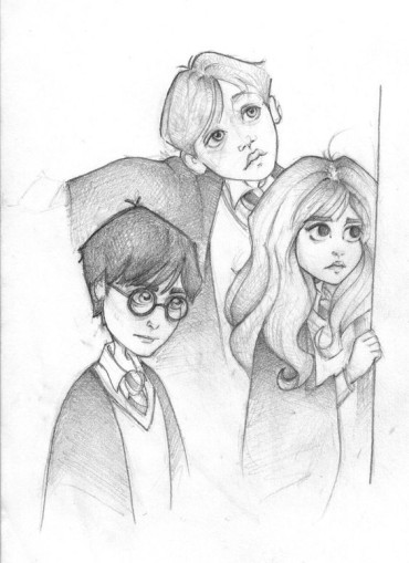 Cartoon drawing of Harry, Ron, and Hermione