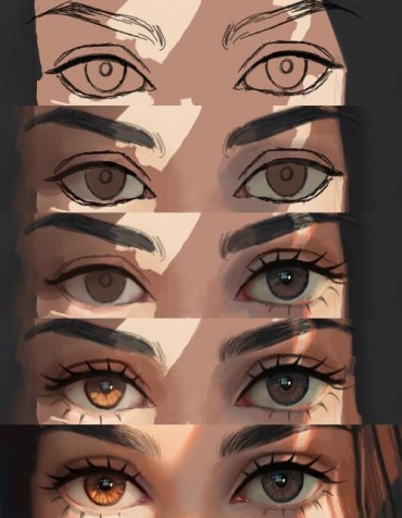 A complete process on how to draw eyes digitally of a girl