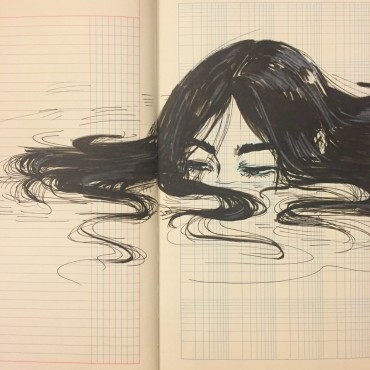 A cool and original sketchbook drawing of a girl drowning in her own tears