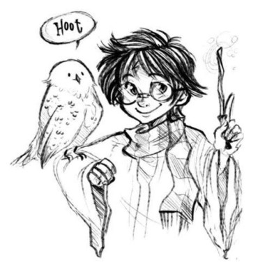 Cute drawing of Harry Potter and his white owl Hedwig