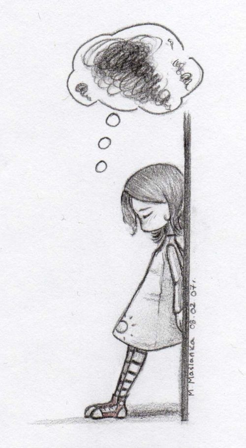 A cute drawing of a sad girl thinking