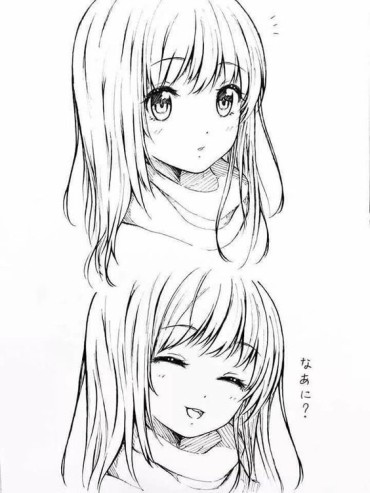 Cute transition drawing of a manga girl smiling