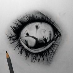 a dark drawing of hand shadows inside of an eye