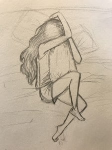 Drawing of a girl holding a pillow and crying