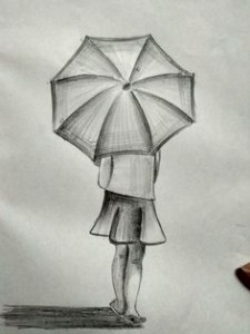 A girl walking with an umbrella on her shoulder