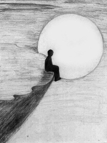 a drawing of someone sad looking at the moon in the shadows